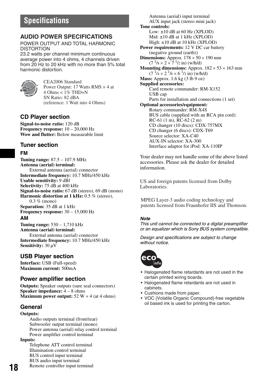 Specifications, General, Audio power specifications | Sony CDX-GT81UW User Manual | Page 18 / 48