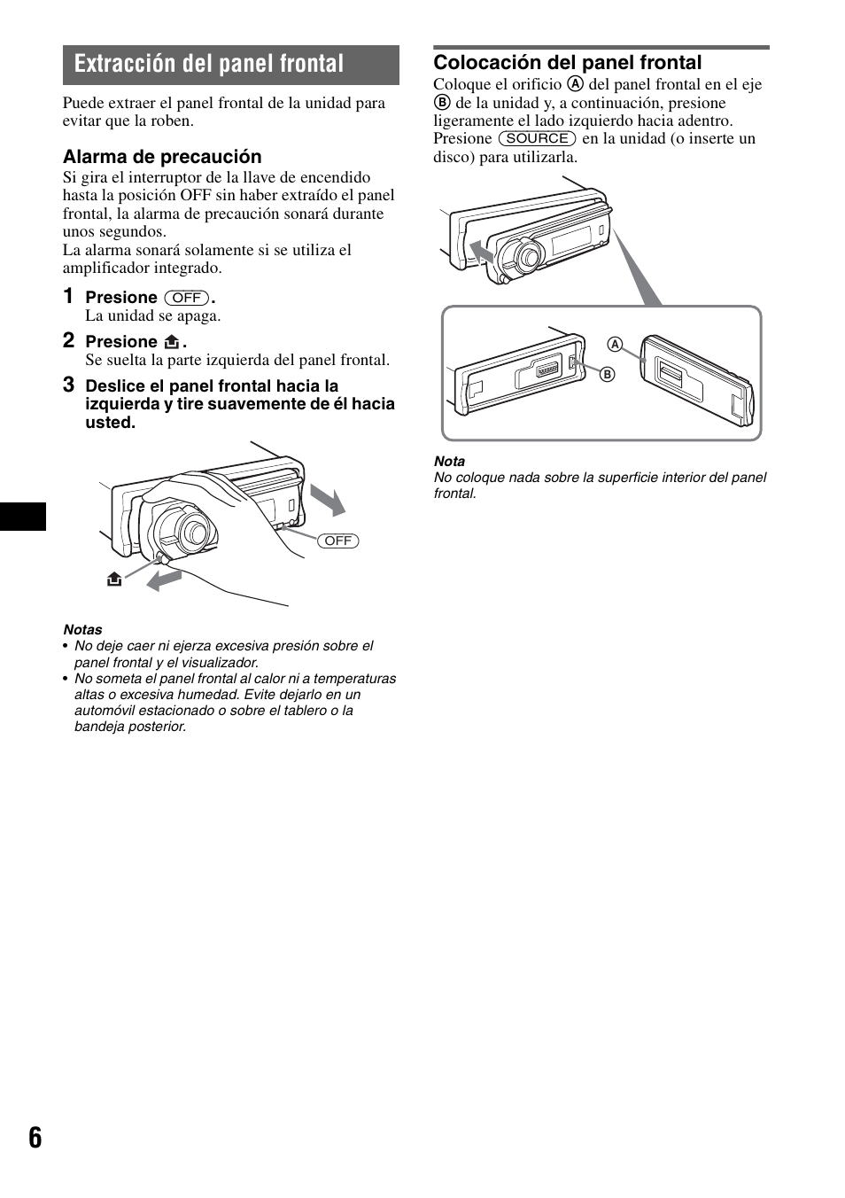Extracción del panel frontal, Colocación del panel frontal | Sony CDX-GT81UW User Manual | Page 26 / 48