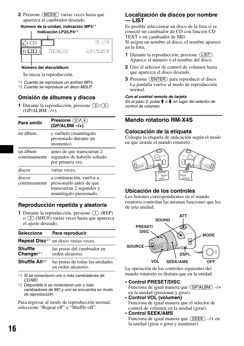 Mando rotatorio rm-x4s, Omisión de álbumes y discos, Reproducción repetida y aleatoria | Localización de discos por nombre — list, Colocación de la etiqueta, Ubicación de los controles | Sony CDX-GT81UW User Manual | Page 36 / 48