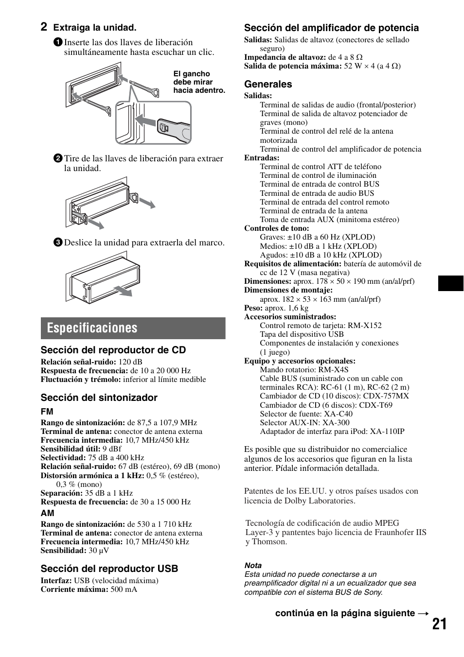Especificaciones | Sony CDX-GT81UW User Manual | Page 41 / 48