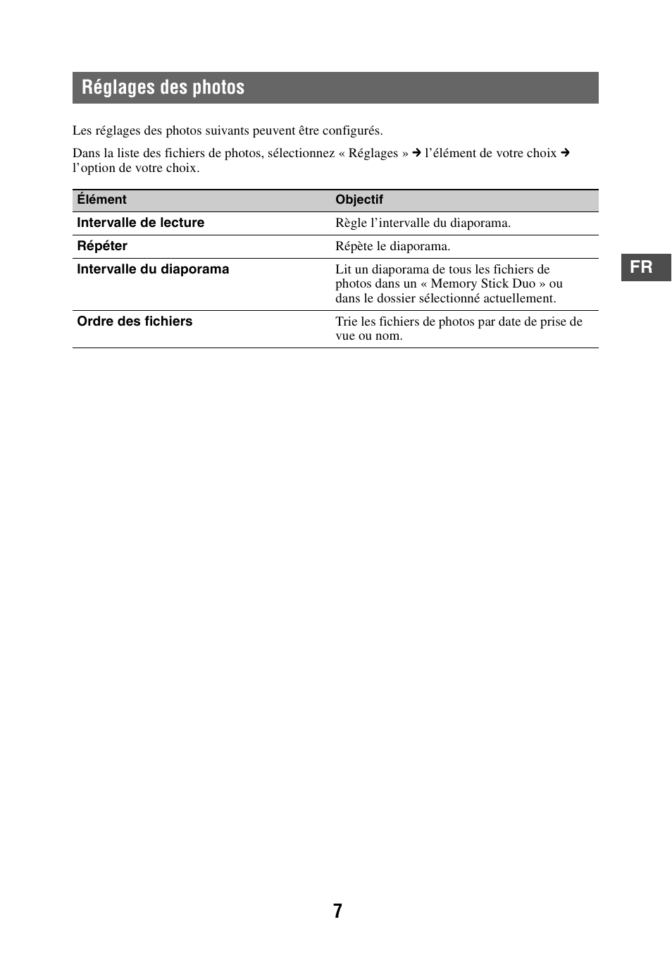 Réglages des photos | Sony NV-U83T User Manual | Page 14 / 21