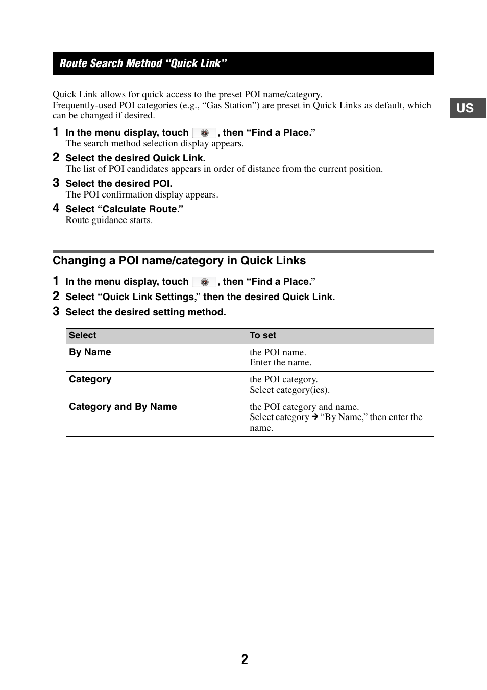 Route search method “quick link, Changing a poi name/category in quick links | Sony NV-U83T User Manual | Page 2 / 21