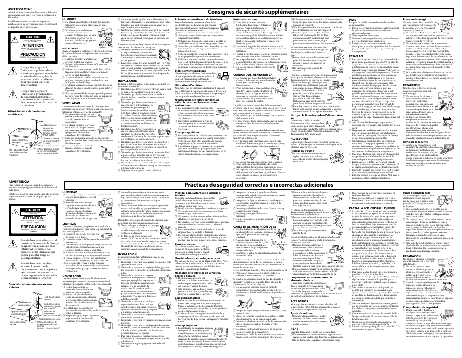 Consignes de sécurité supplémentaires | Sony KDL-46XBR10 User Manual | Page 2 / 2