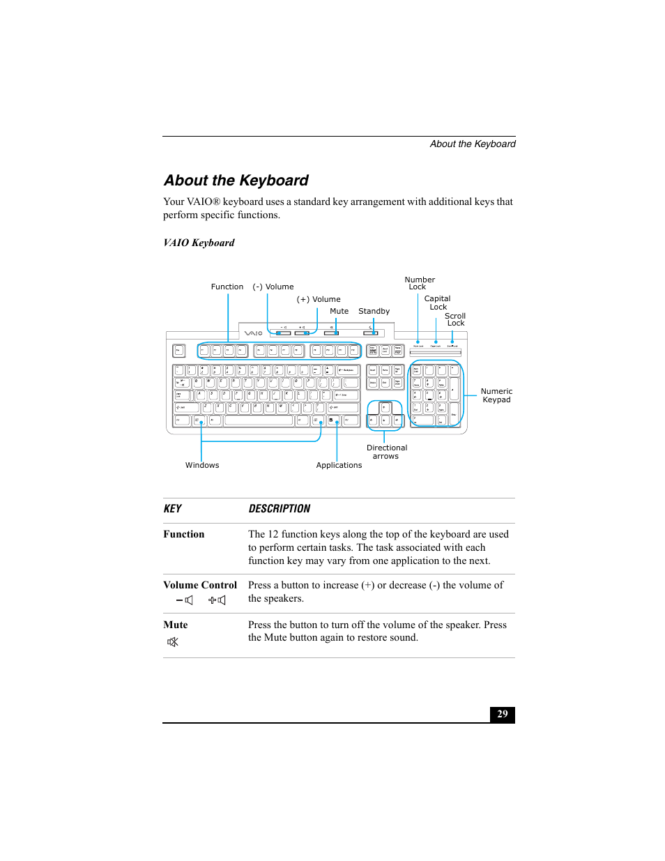 About the keyboard | Sony PCV-RZ30GN4 User Manual | Page 29 / 60