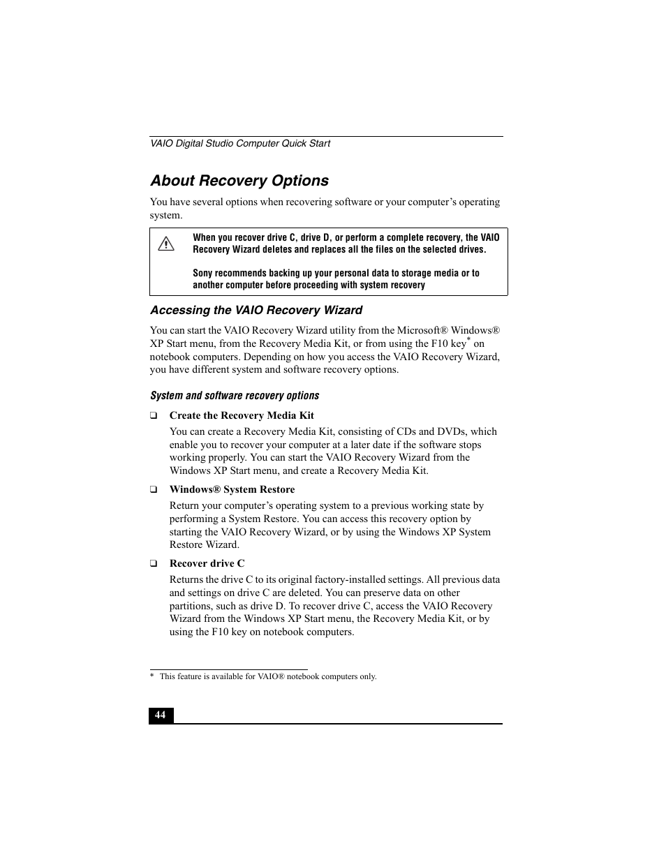 About recovery options | Sony PCV-RZ30GN4 User Manual | Page 44 / 60