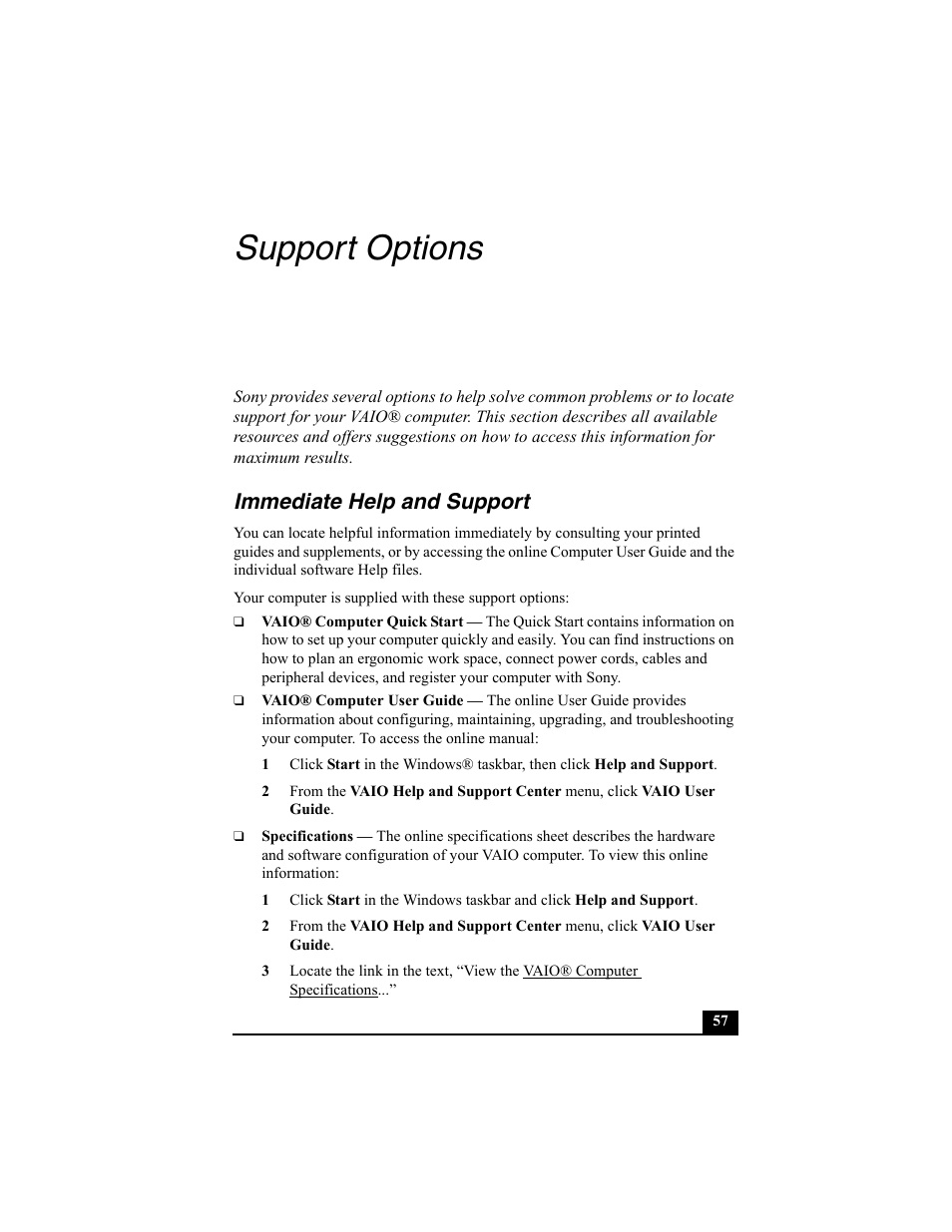 Support options, Immediate help and support | Sony PCV-RZ30GN4 User Manual | Page 57 / 60
