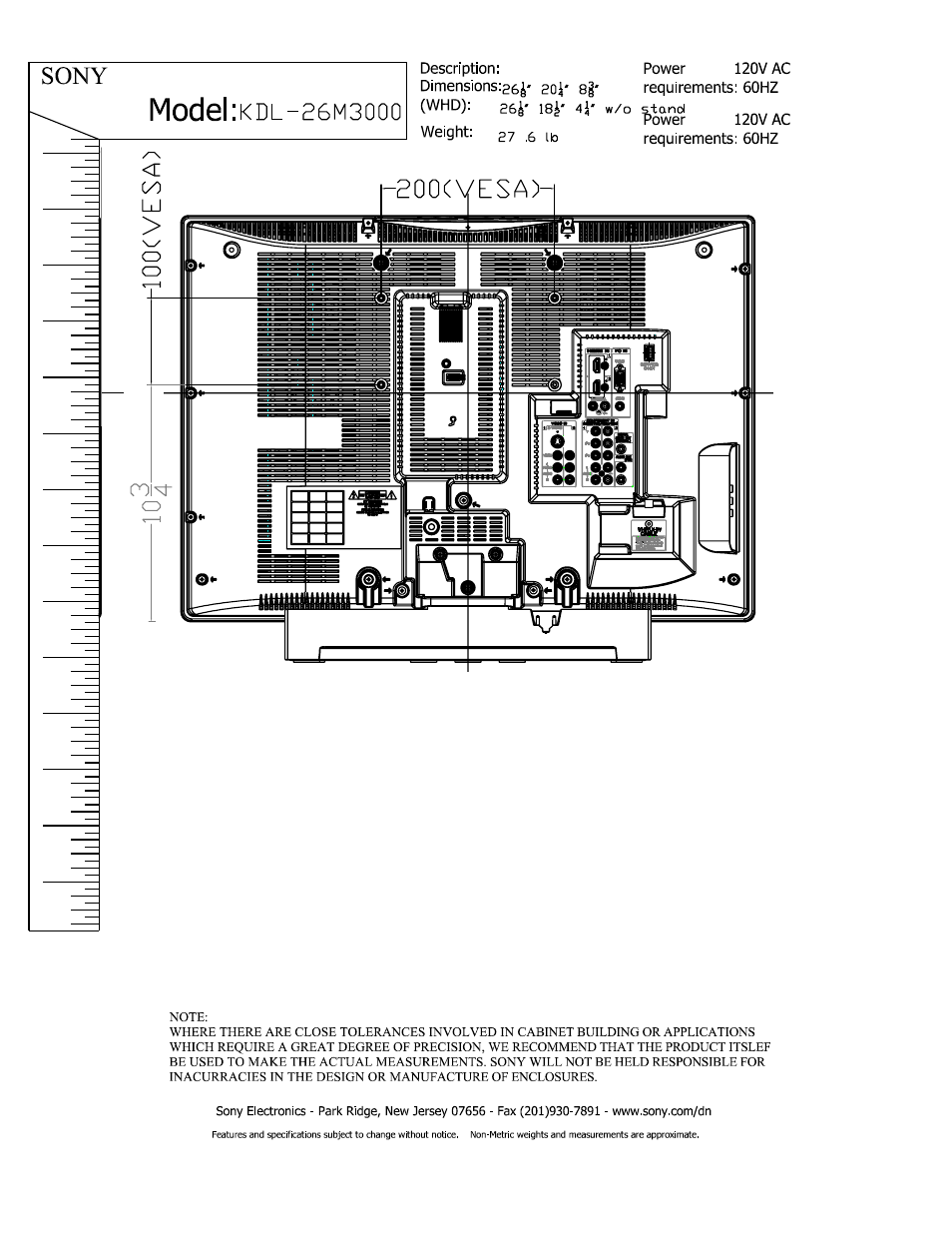 Model:kdl-26m3ooo, Sony | Sony KDL-26M3000 User Manual | Page 2 / 2