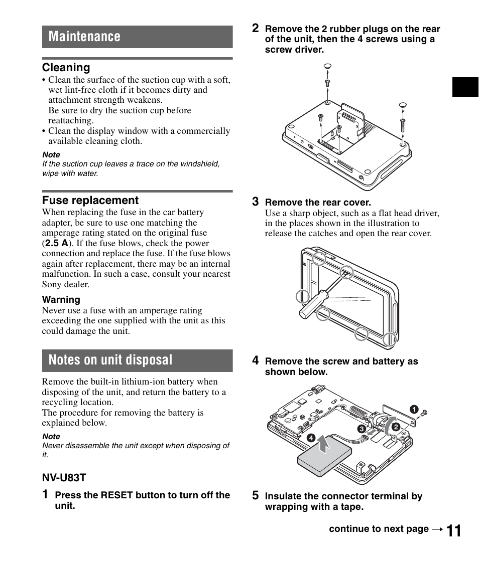 Maintenance, Cleaning, Fuse replacement | Notes on unit disposal | Sony NV-U83T User Manual | Page 11 / 48