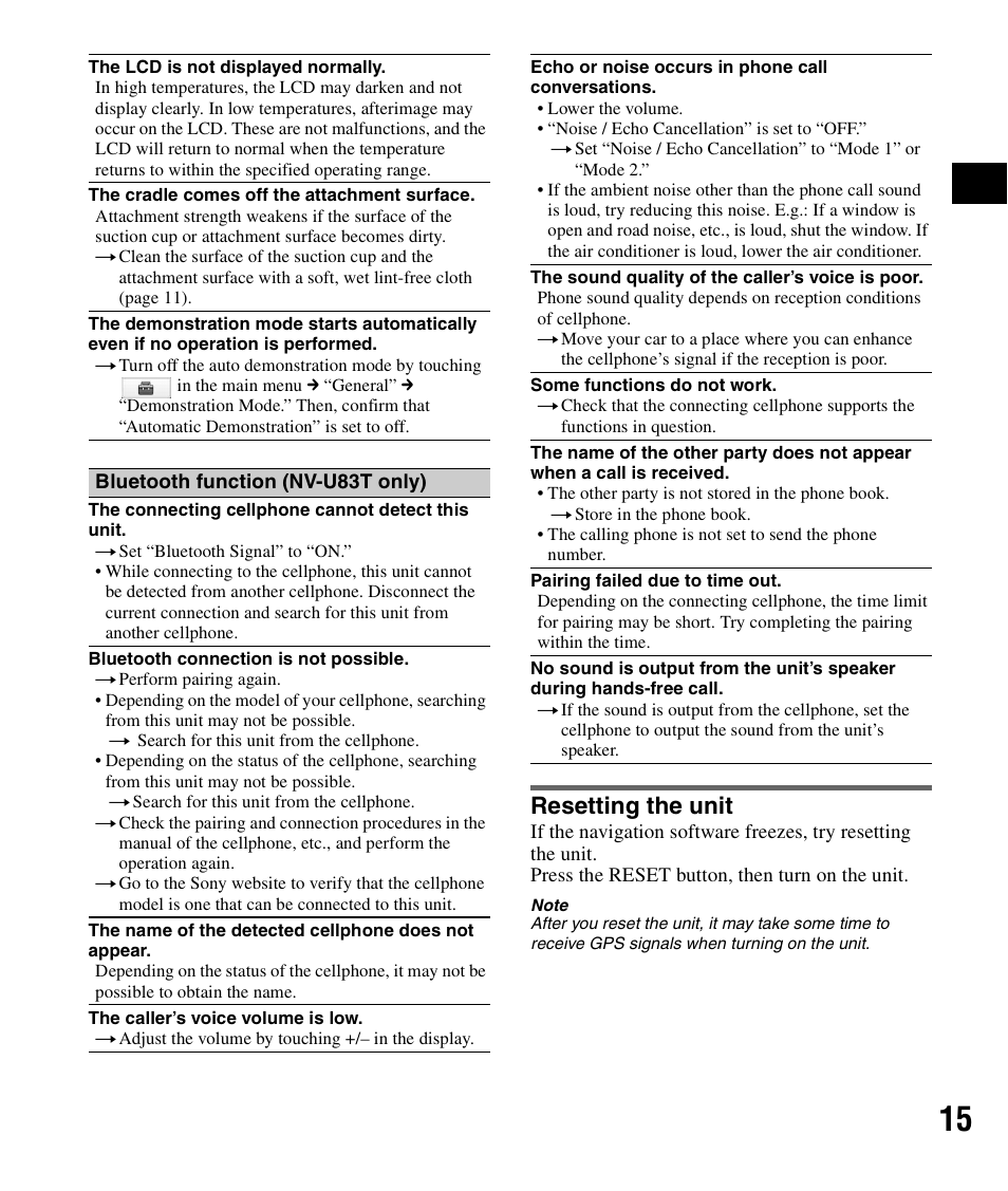 Resetting the unit | Sony NV-U83T User Manual | Page 15 / 48
