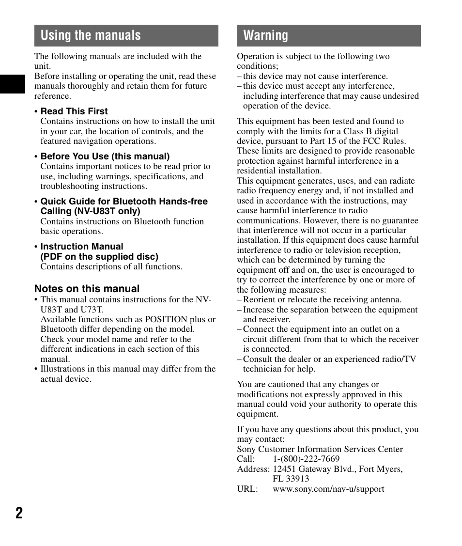 Using the manuals, Warning | Sony NV-U83T User Manual | Page 2 / 48