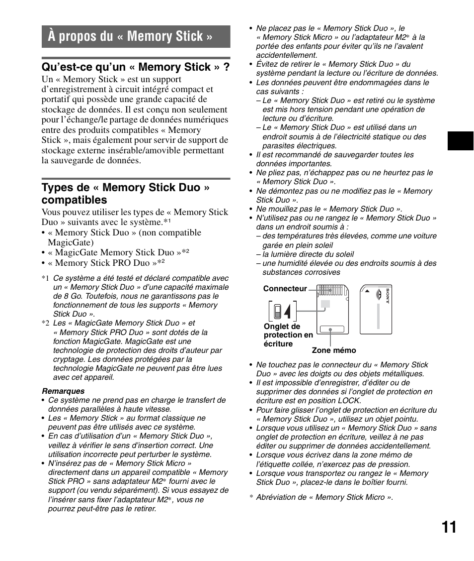 À propos du « memory stick, Qu’est-ce qu’un « memory stick, Types de « memory stick duo » compatibles | Sony NV-U83T User Manual | Page 25 / 48