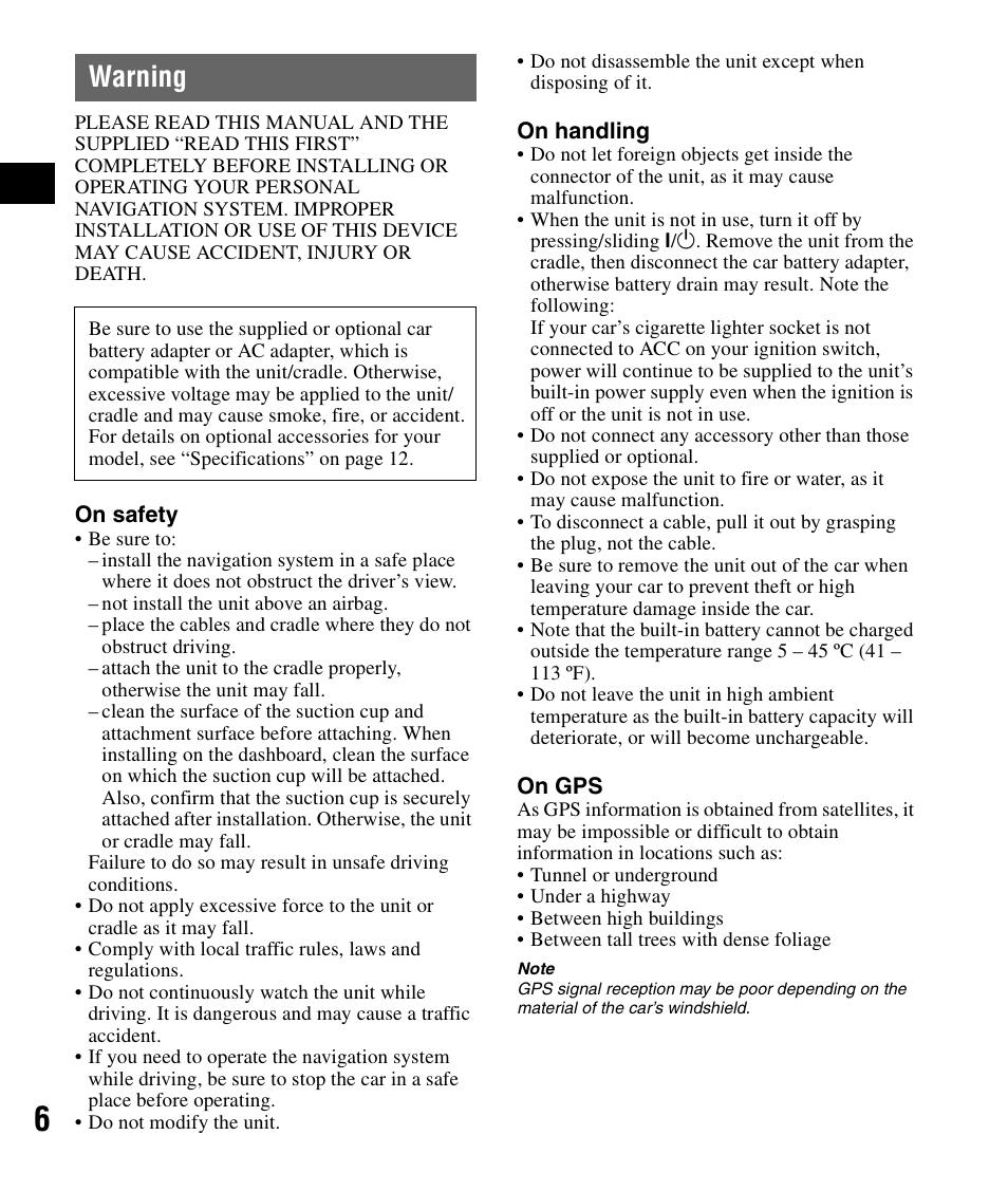 Warning | Sony NV-U83T User Manual | Page 6 / 48