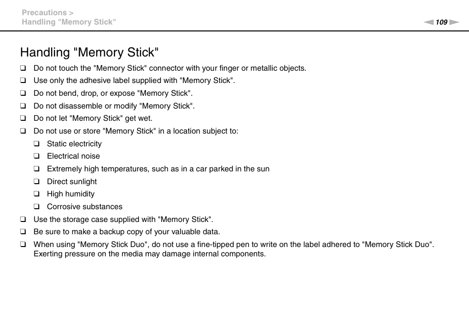 Handling "memory stick | Sony VGN-NW320F User Manual | Page 109 / 151