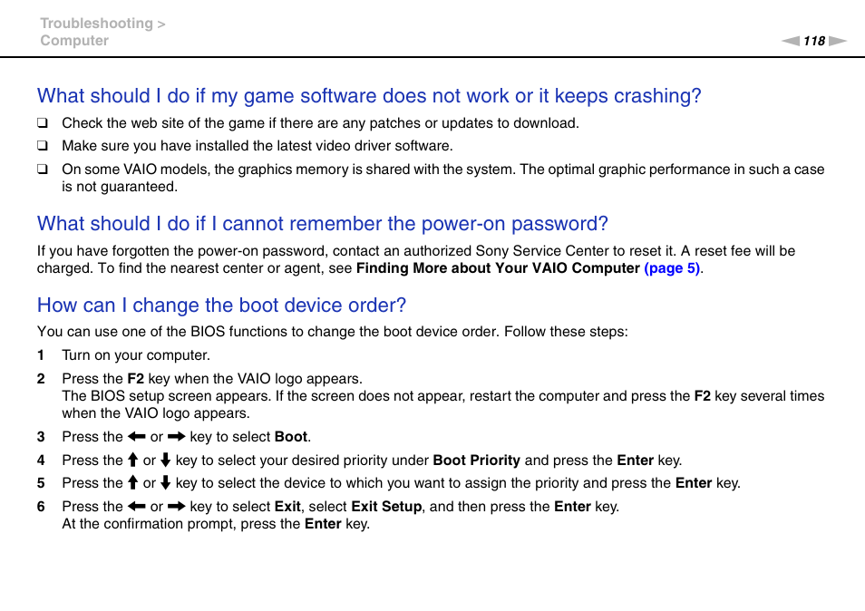 How can i change the boot device order | Sony VGN-NW320F User Manual | Page 118 / 151