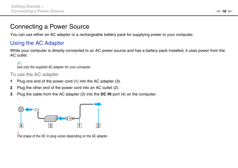 Connecting a power source, Using the ac adapter | Sony VGN-NW320F User Manual | Page 19 / 151