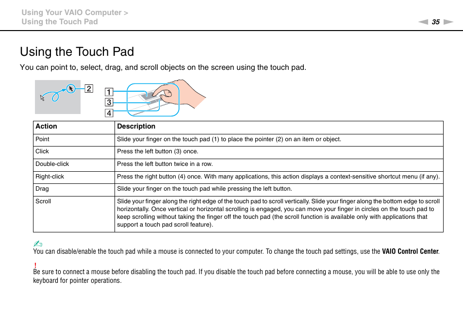 Using the touch pad | Sony VGN-NW320F User Manual | Page 35 / 151