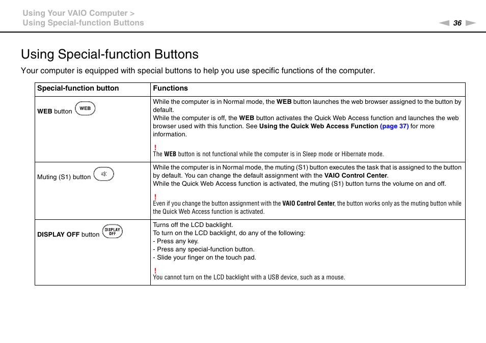 Using special-function buttons | Sony VGN-NW320F User Manual | Page 36 / 151