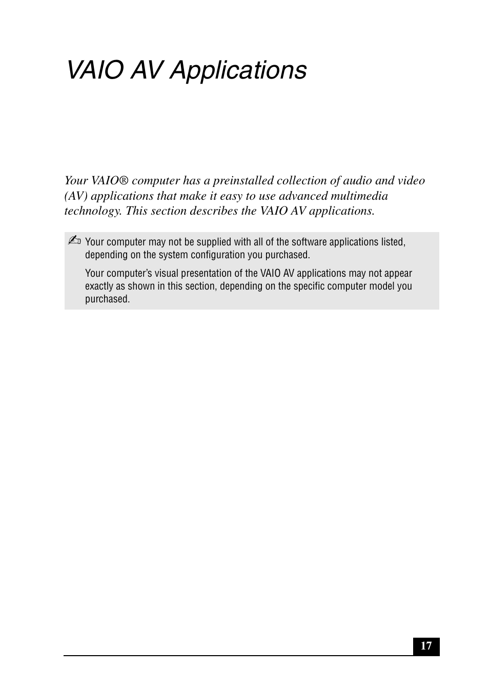 Vaio av applications | Sony PCV-RX690G User Manual | Page 17 / 100