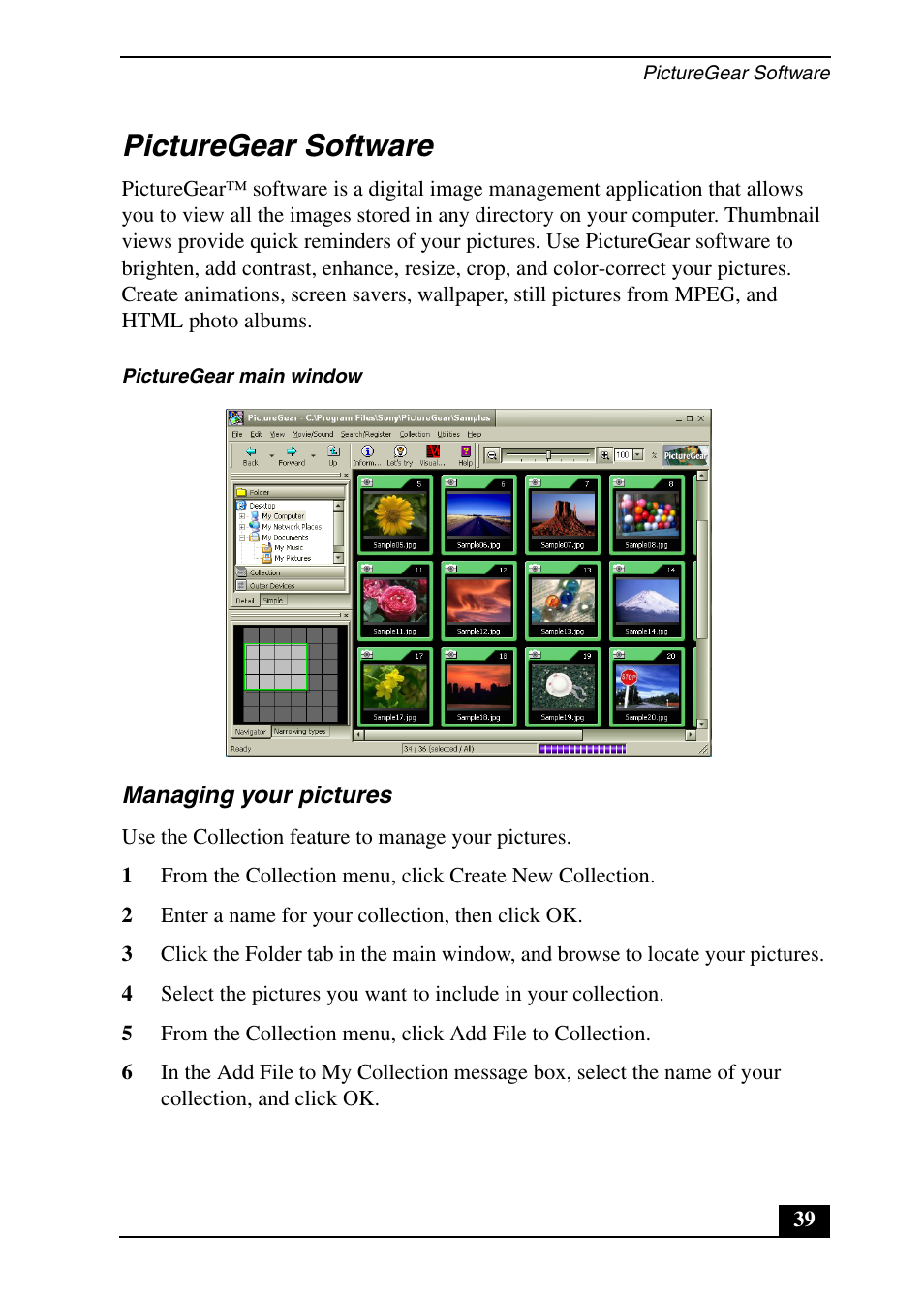 Picturegear software | Sony PCV-RX690G User Manual | Page 39 / 100