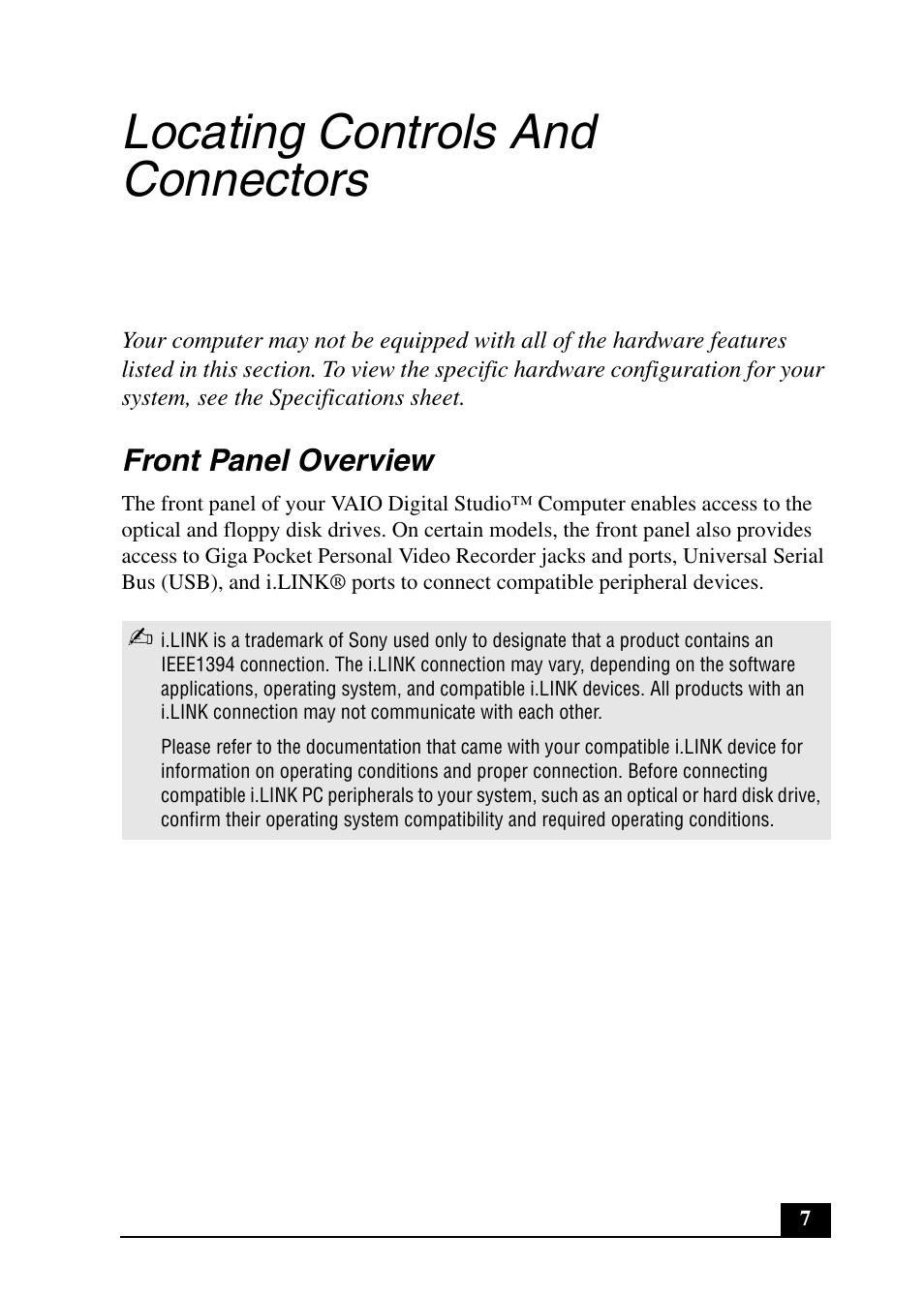 Locating controls and connectors, Front panel overview | Sony PCV-RX690G User Manual | Page 7 / 100