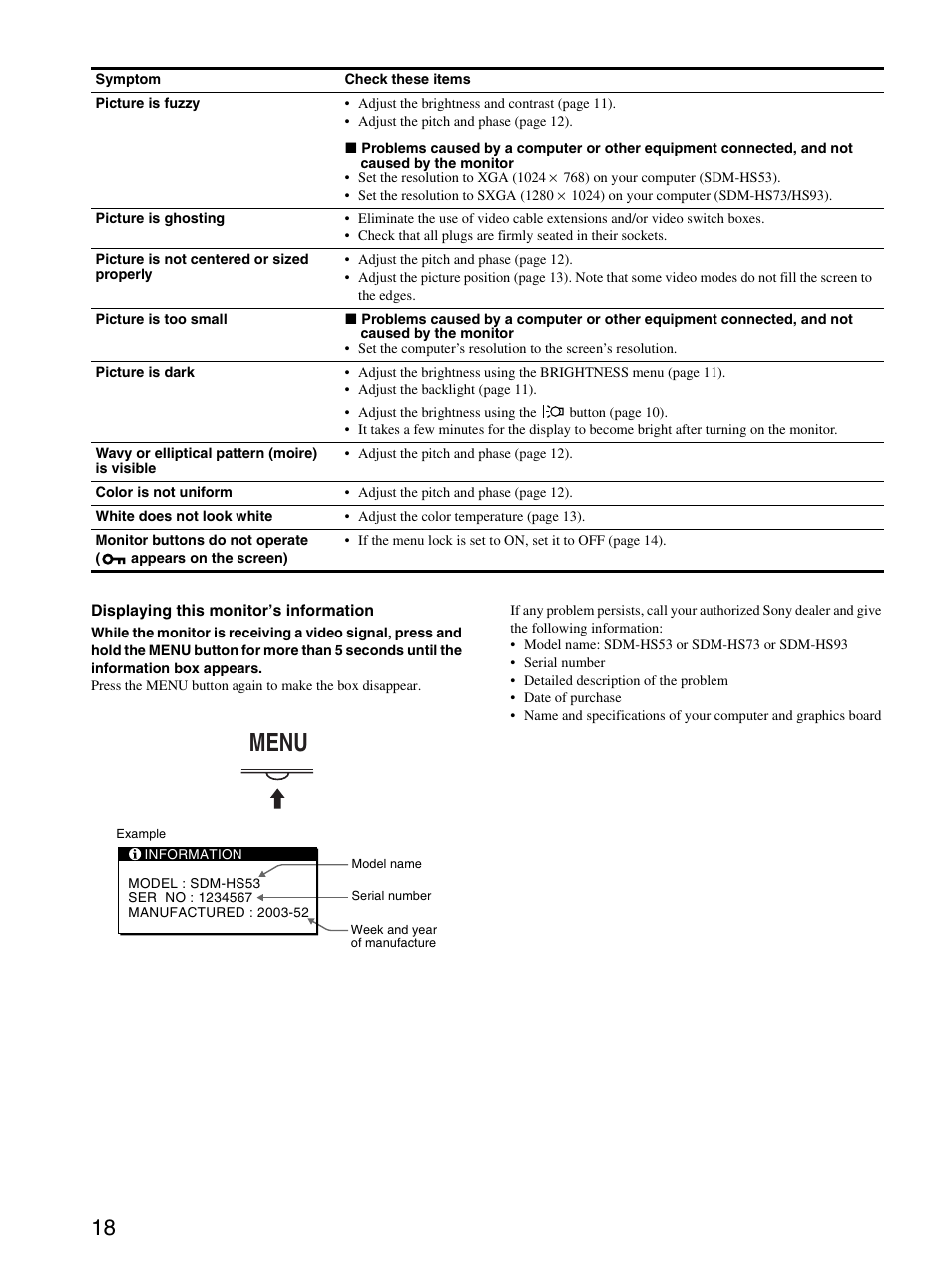 Menu | Sony SDM-HS53 User Manual | Page 18 / 19