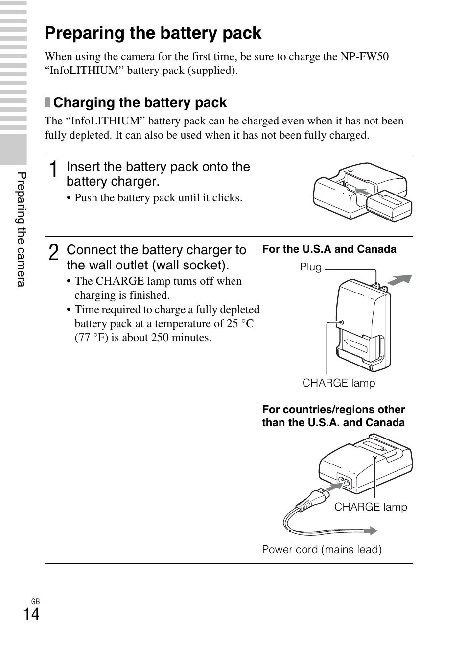 Preparing the battery pack | Sony NEX-C3A User Manual | Page 14 / 85