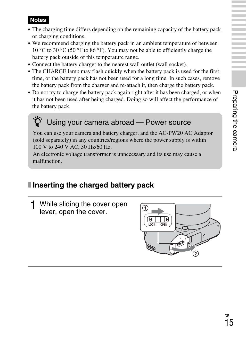 T (15), Xinserting the charged battery pack, Using your camera abroad — power source | Sony NEX-C3A User Manual | Page 15 / 85