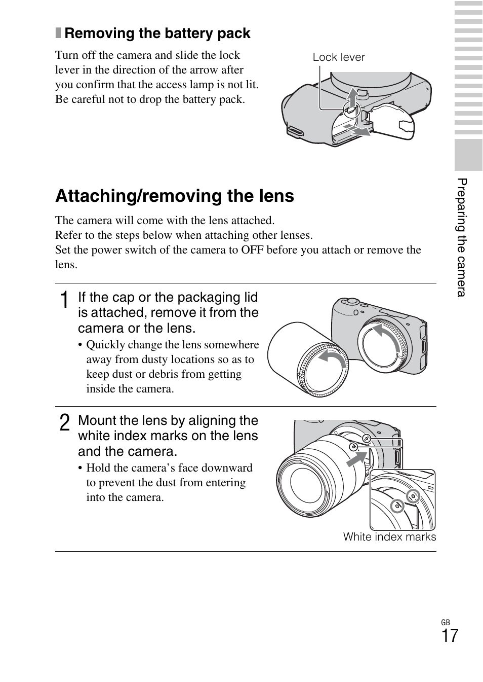 Attaching/removing the lens | Sony NEX-C3A User Manual | Page 17 / 85