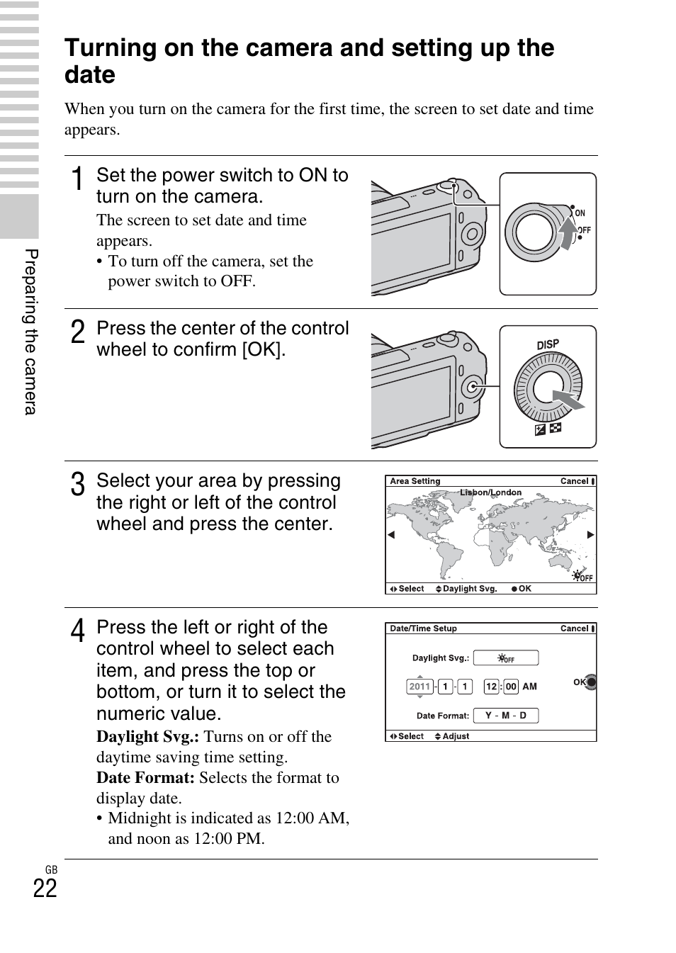 Turning on the camera and setting up the date | Sony NEX-C3A User Manual | Page 22 / 85