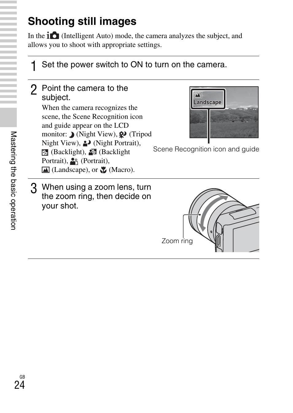 Mastering the basic operation, Shooting still images | Sony NEX-C3A User Manual | Page 24 / 85