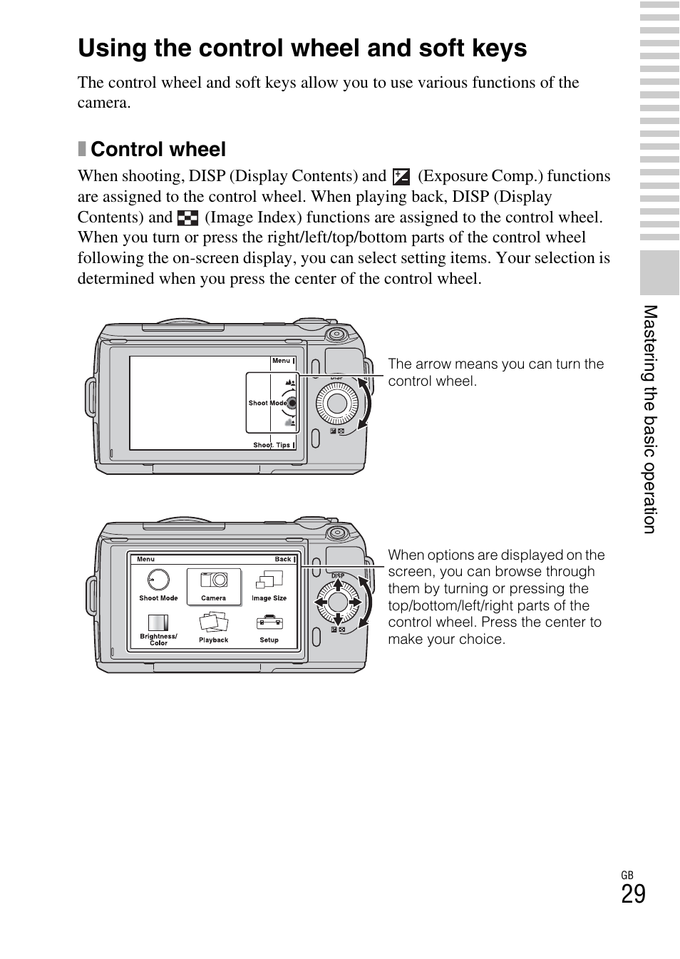 Using the control wheel and soft keys, L (29), Xcontrol wheel | Sony NEX-C3A User Manual | Page 29 / 85