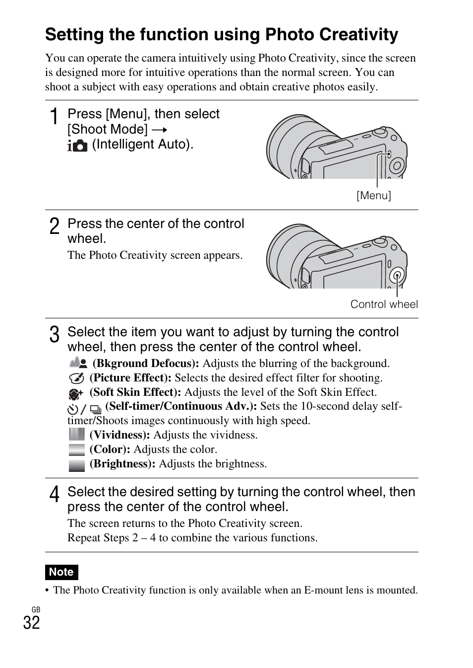 Using the recording functions, Setting the function using photo creativity | Sony NEX-C3A User Manual | Page 32 / 85