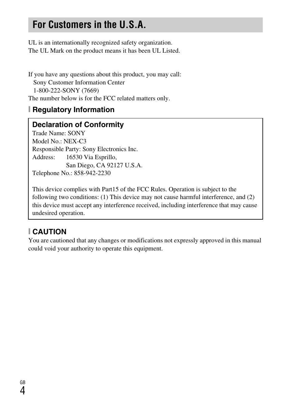For customers in the u.s.a | Sony NEX-C3A User Manual | Page 4 / 85