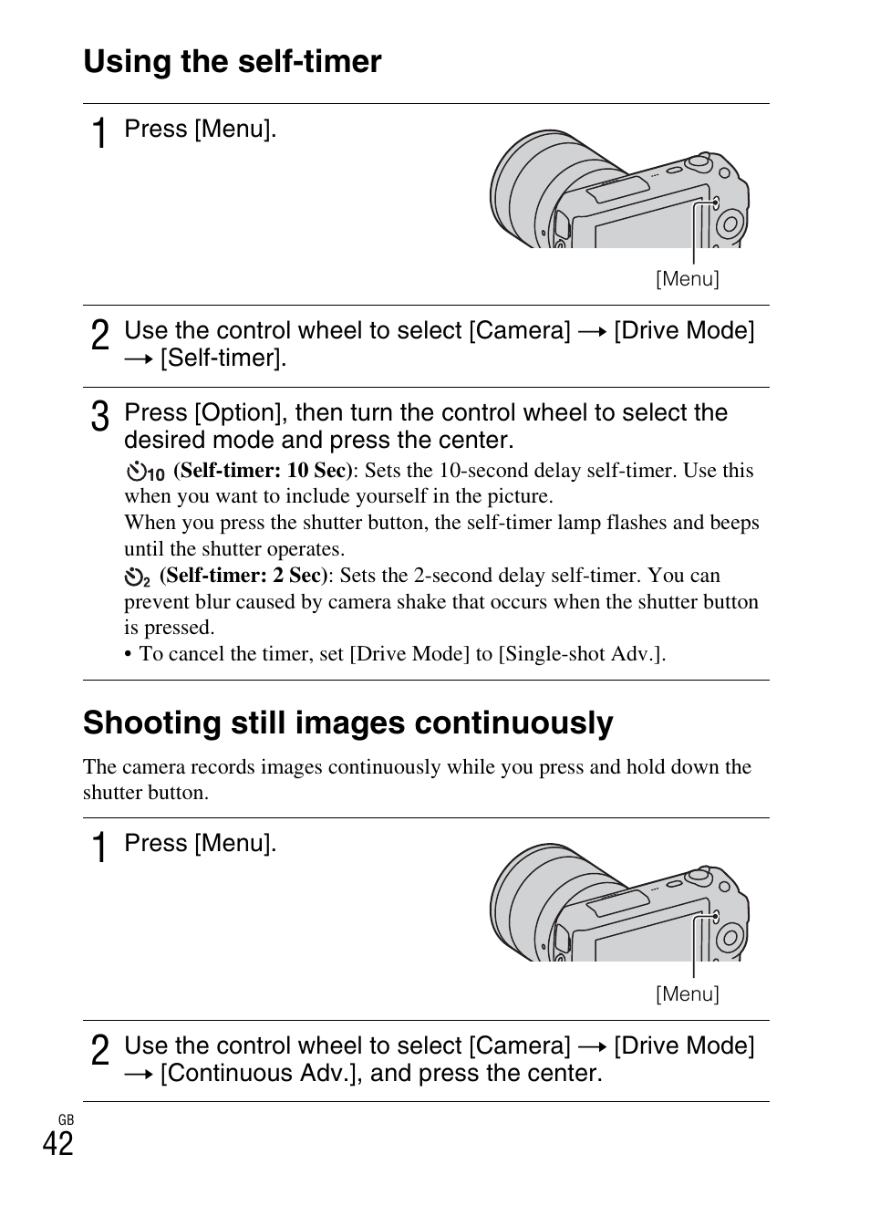 Using the self-timer, Shooting still images continuously | Sony NEX-C3A User Manual | Page 42 / 85