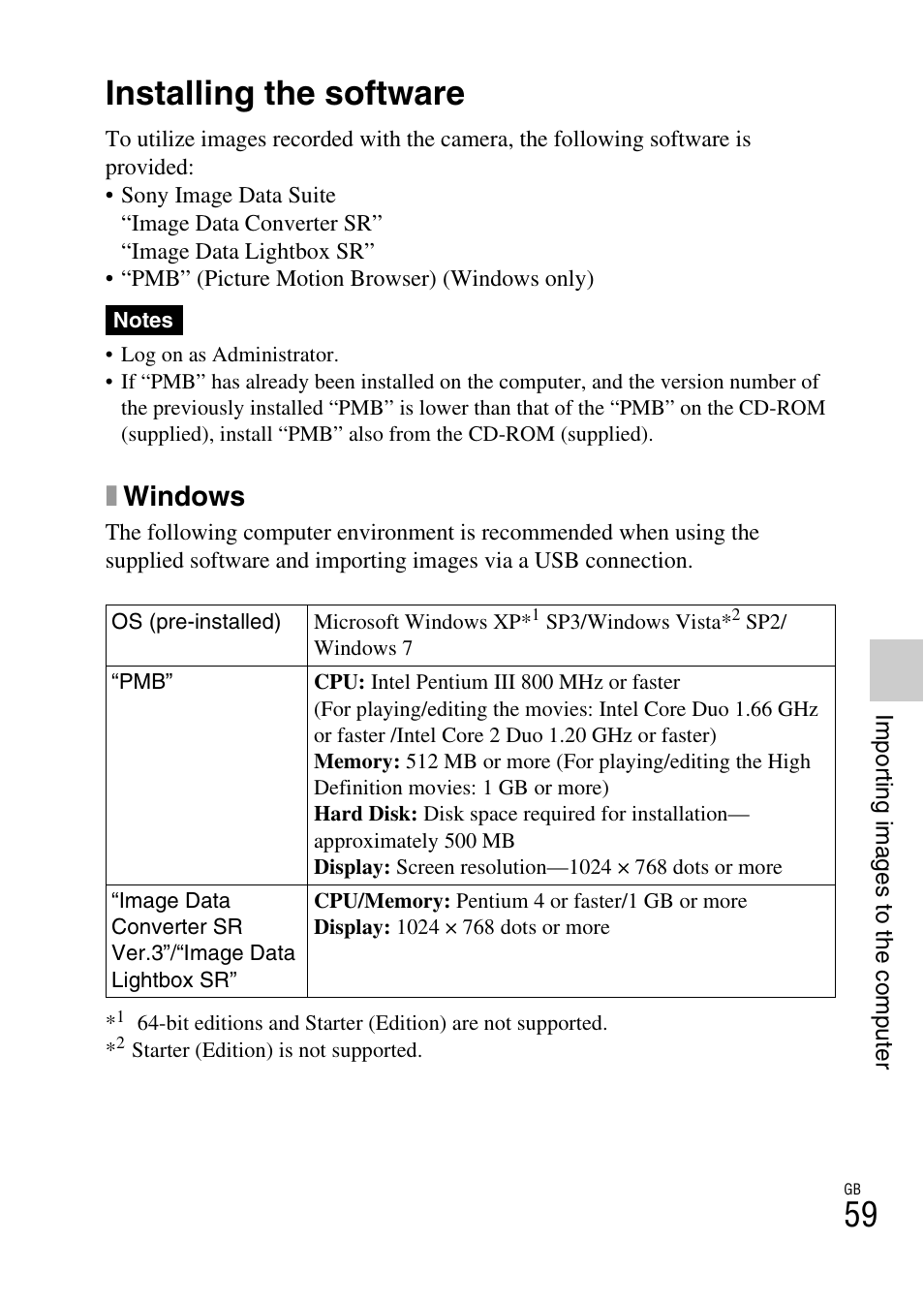Importing images to the computer, Installing the software, Xwindows | Sony NEX-C3A User Manual | Page 59 / 85