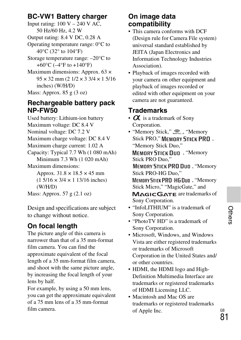 Bc-vw1 battery charger, Rechargeable battery pack np-fw50, On focal length | On image data compatibility, Trademarks | Sony NEX-C3A User Manual | Page 81 / 85