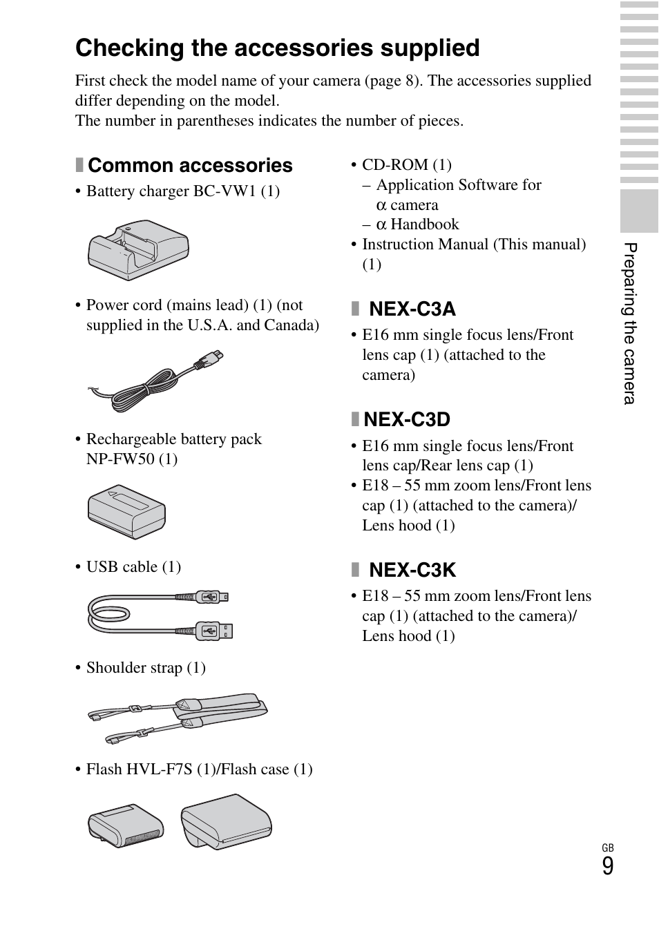 Preparing the camera, Checking the accessories supplied, Xcommon accessories | Xnex-c3a, Xnex-c3d, Xnex-c3k | Sony NEX-C3A User Manual | Page 9 / 85