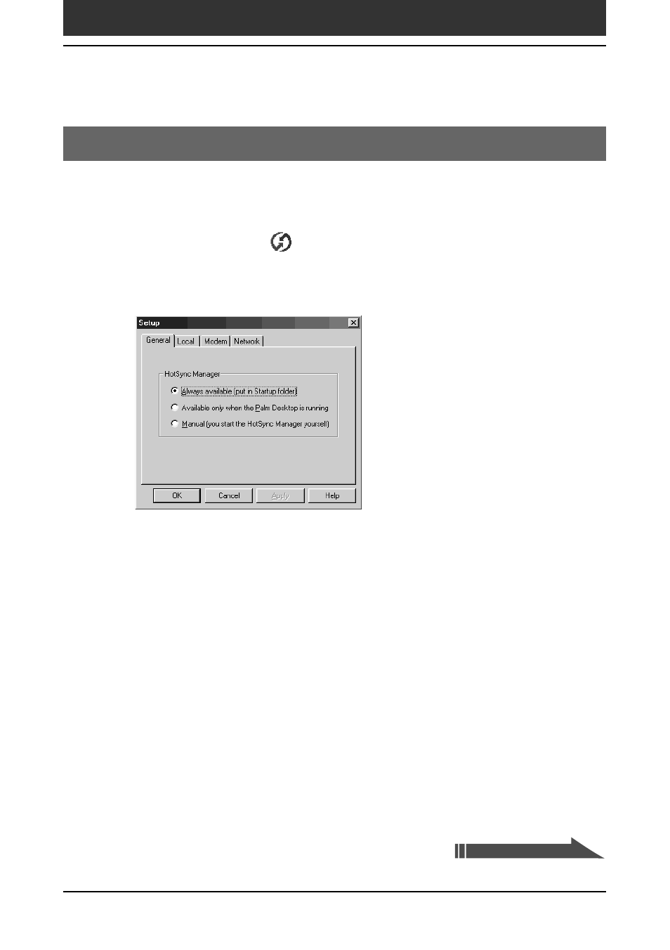 Advanced hotsync® operations, Setting the hotsync® setup options, Advanced hotsync | Operations, Setting the hotsync, Setup options | Sony PEG-SJ30 User Manual | Page 107 / 222