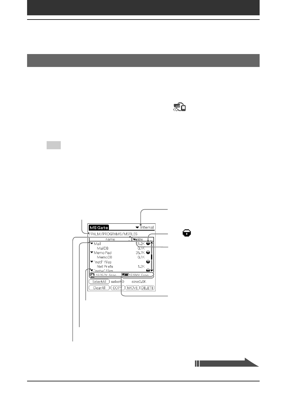 Exchanging data via memory stick® media, Exchanging data via memory stick, Media | Starting the memory stick, Gate (ms gate) application | Sony PEG-SJ30 User Manual | Page 140 / 222