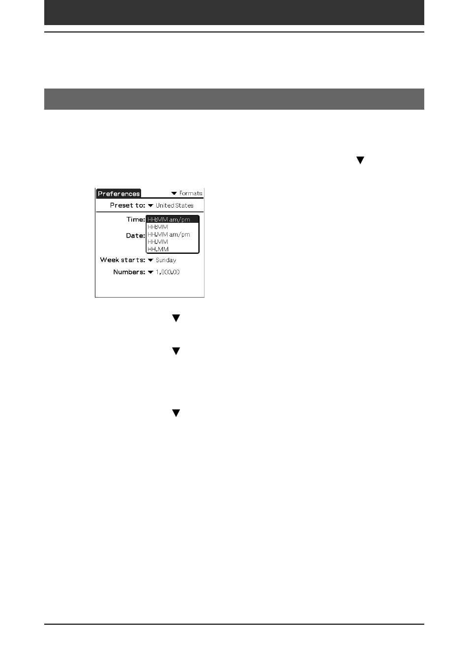 Selecting the time, date, and numbers formats | Sony PEG-SJ30 User Manual | Page 161 / 222