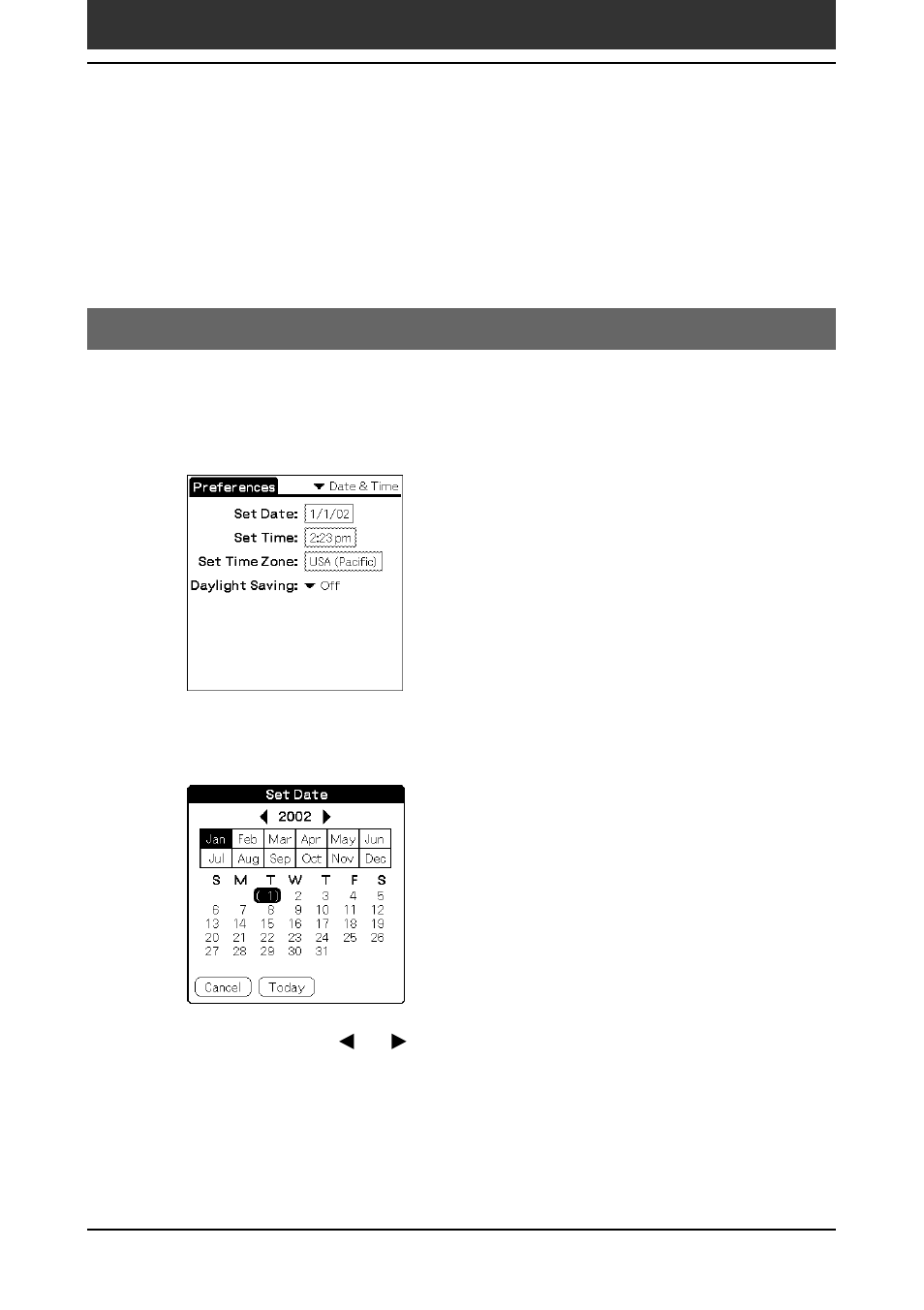 Setting the date & time preferences, Setting the date | Sony PEG-SJ30 User Manual | Page 162 / 222