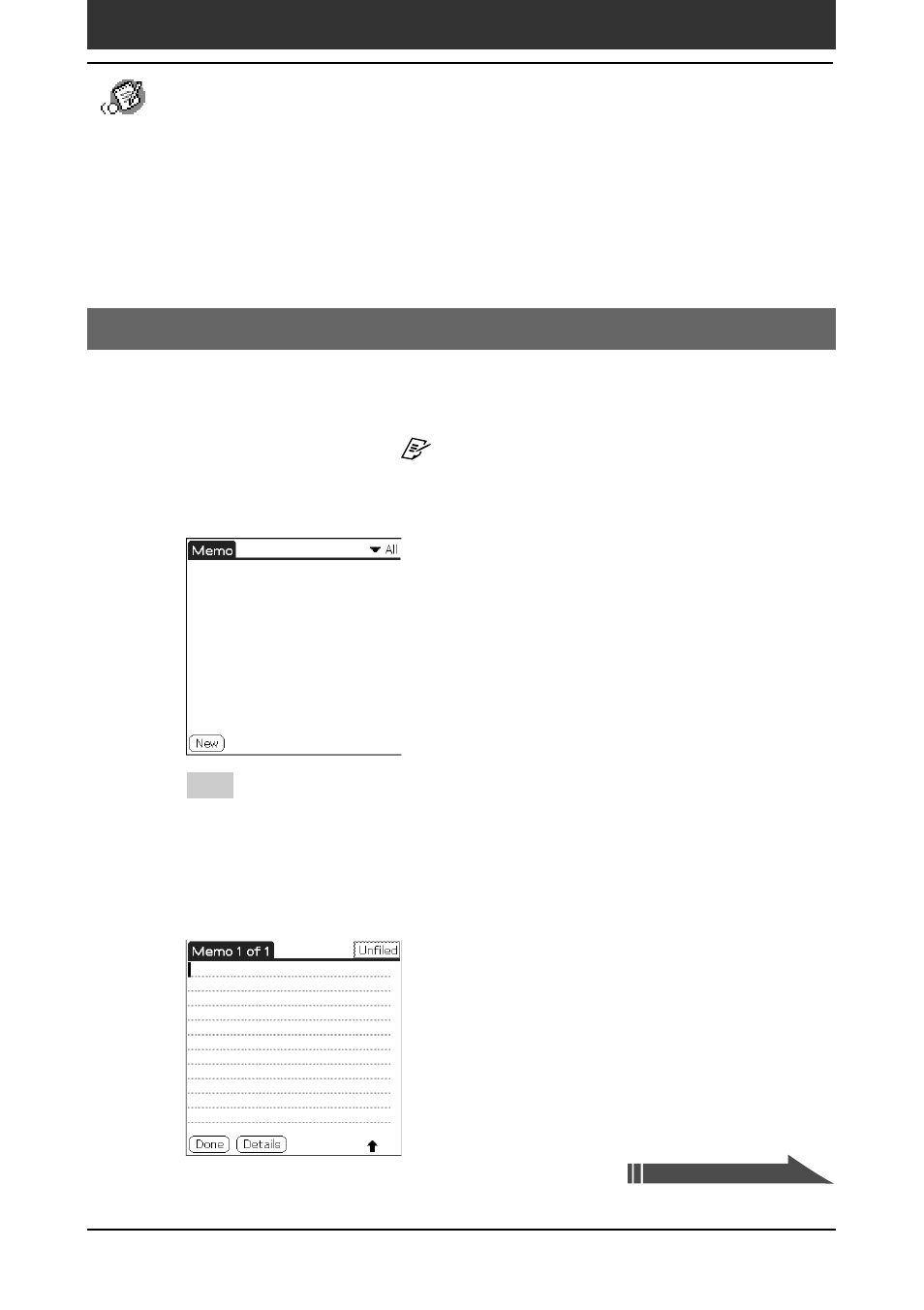 Creating memos (memo pad), Creating a new memo | Sony PEG-SJ30 User Manual | Page 70 / 222