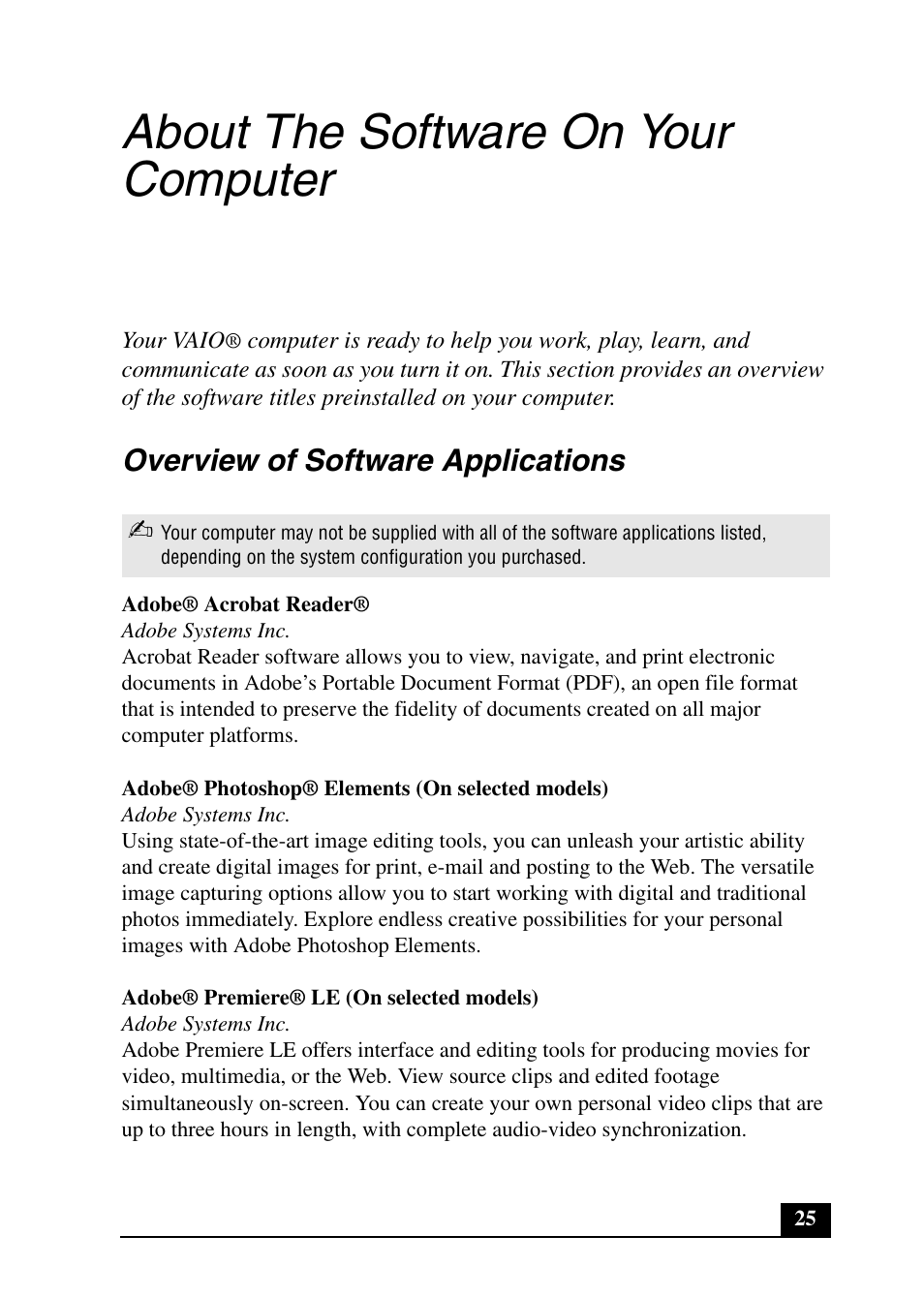 About the software on your computer, Overview of software applications | Sony PCV-RX690G User Manual | Page 25 / 36