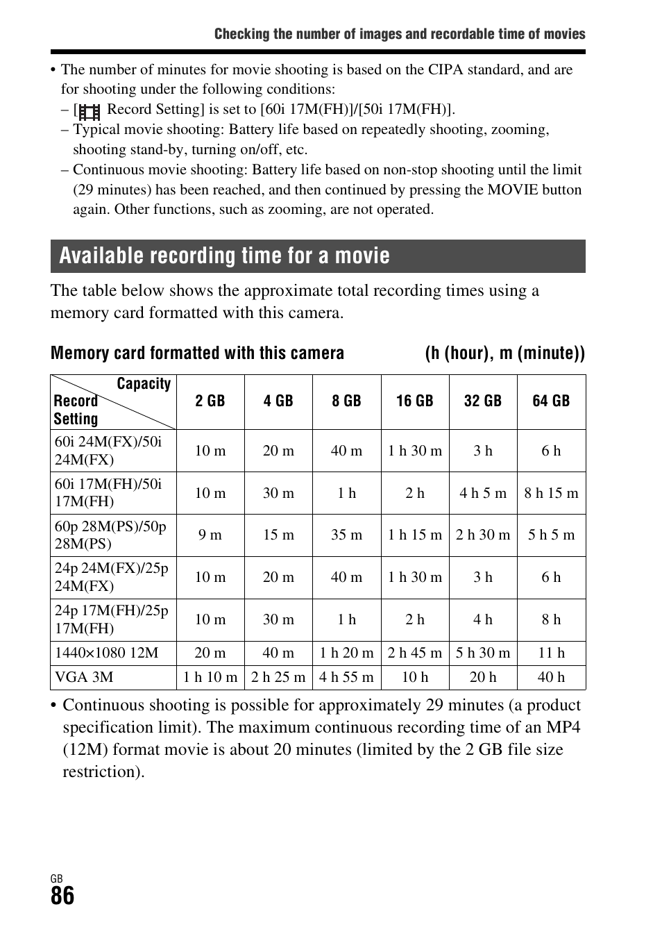 Available recording time for a movie | Sony ILCE-7R User Manual | Page 86 / 96