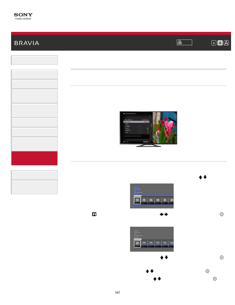 Selecting picture mode | Sony KDL-65S990A User Manual | Page 167 / 247