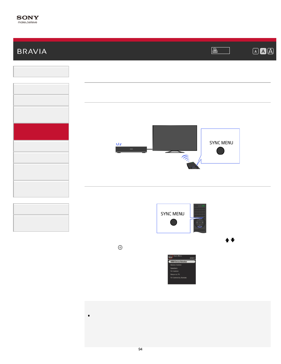 Using the sync menu, Sync menu | Sony KDL-65S990A User Manual | Page 94 / 247