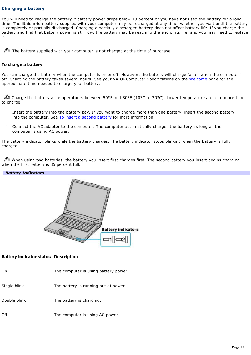 Charging a battery | Sony PCG-GRX690 User Manual | Page 12 / 194