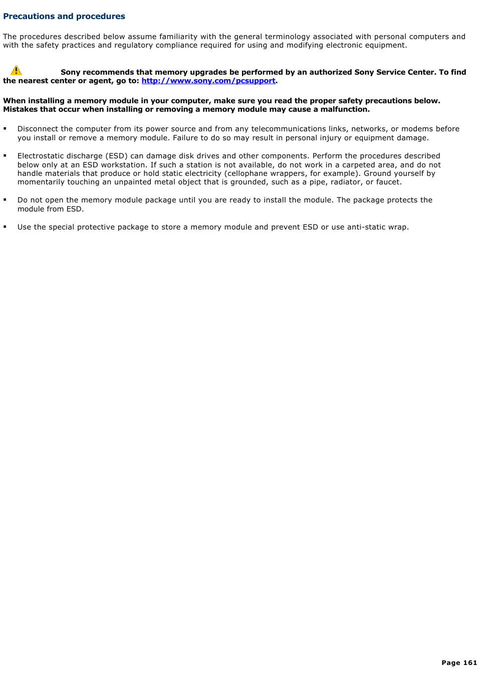 Precautions and procedures, See the | Sony PCG-GRX690 User Manual | Page 161 / 194