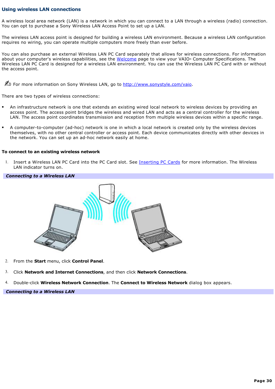 Using wireless lan connections | Sony PCG-GRX690 User Manual | Page 30 / 194