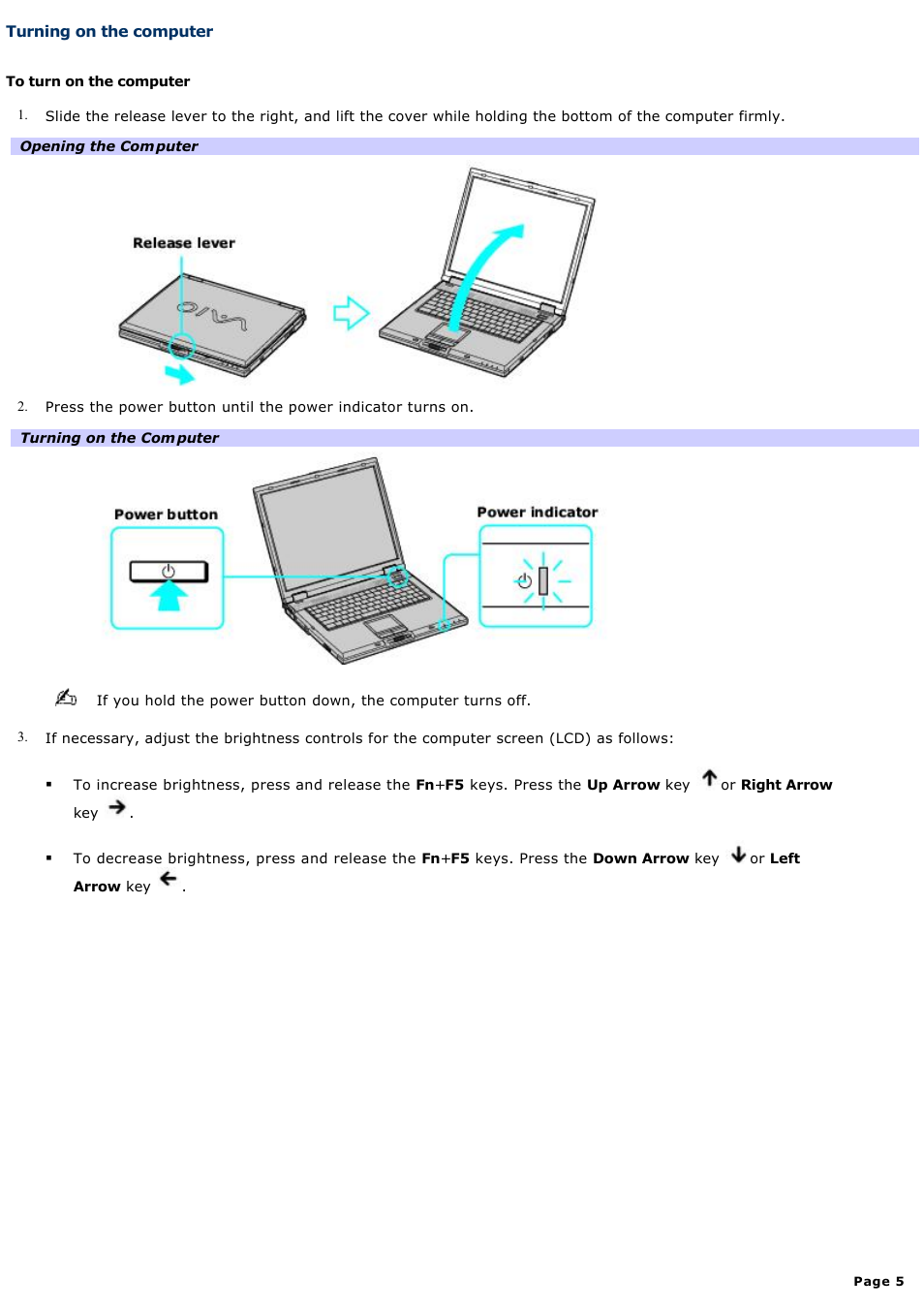 Turning on the computer | Sony PCG-GRX690 User Manual | Page 5 / 194